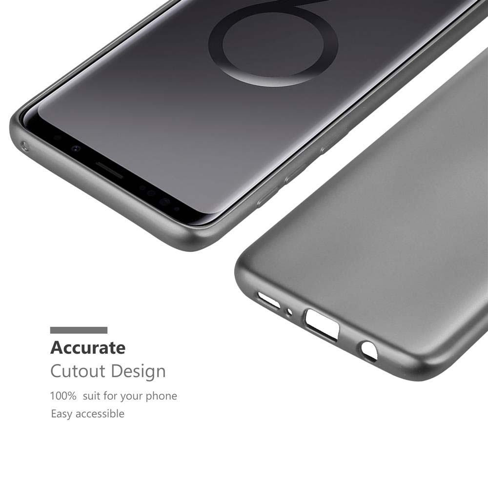 Graue Handyhülle mit Telefon. Text sagt 'Accurate Cutout Design' und 'Easy accessible'.