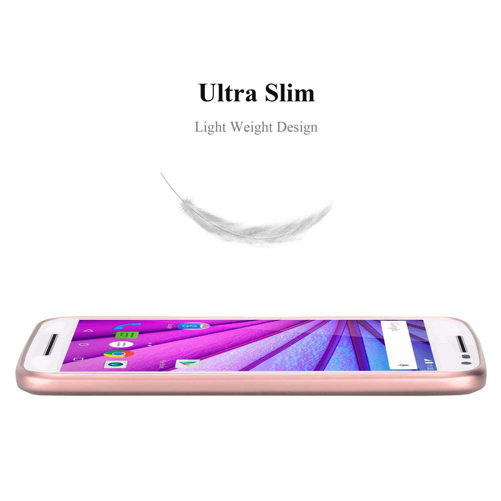 Un teléfono en una funda rosa, con un gráfico de pluma, enfatizando su diseño ligero.