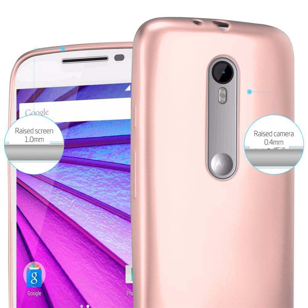 Teléfono rosa con pantalla y cámara elevadas. Detalles resaltan altura de pantalla y cámara.