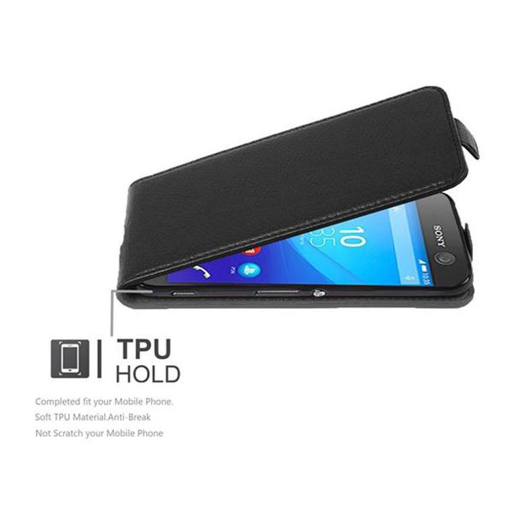 Custodia per telefono nera con telefono. La custodia è aperta. Testo: TPU HOLD, Montaggio completo, Materiale TPU morbido, Non graffiare.
