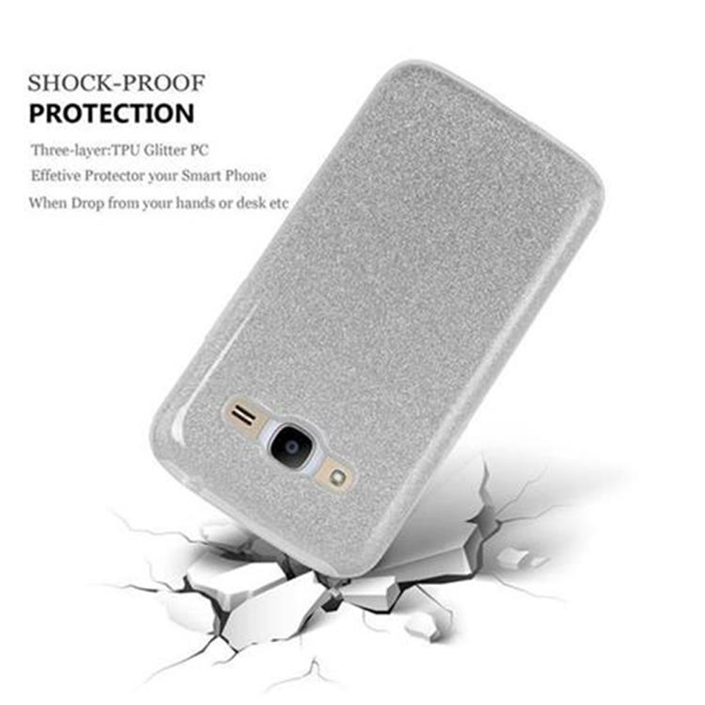 Funda plateada para teléfono con texto: 'SHOCK-PROOF PROTECTION'.