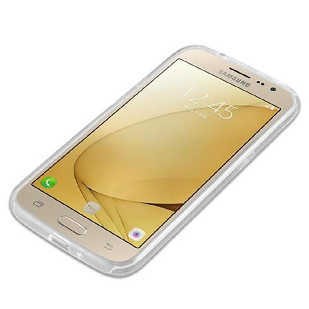 Se muestra un teléfono en una funda transparente, con la pantalla visible. El teléfono es dorado.