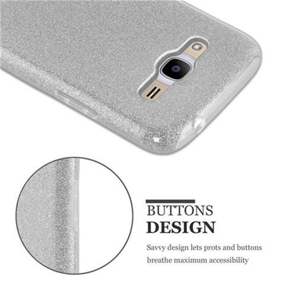 Funda de teléfono plateada con diseño de botones. La funda permite un fácil acceso a los botones.