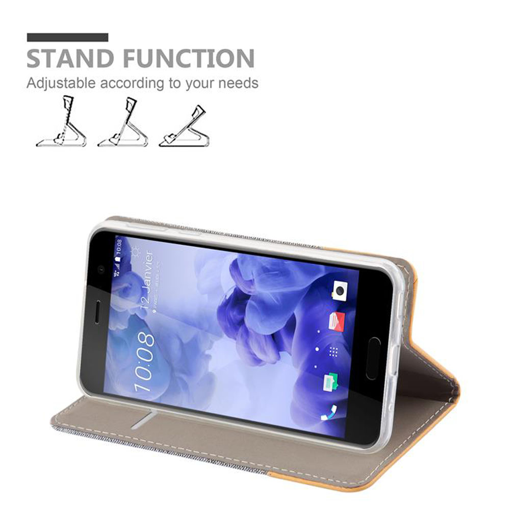 Un telefono in una custodia è appoggiato. Il testo recita: FUNZIONE STAND. Regolabile in base alle tue esigenze.
