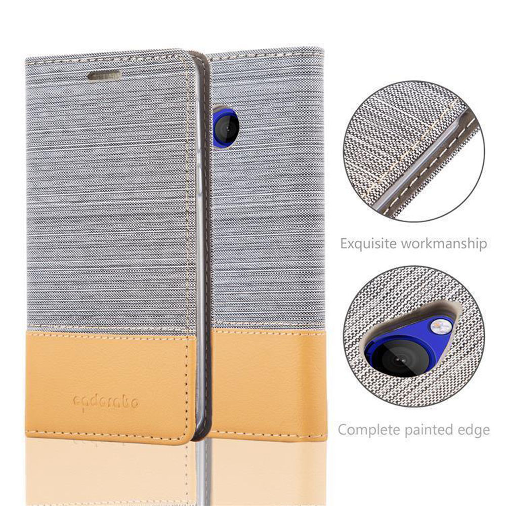 Viene mostrata una custodia per telefono con un design grigio e beige. I dettagli della custodia sono mostrati in cerchi.
