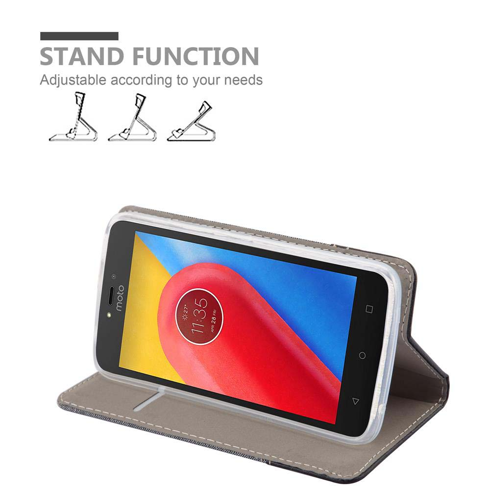 Telefono in una custodia che può stare in piedi. Il telefono ha un display rosso e blu, che mostra l'ora.