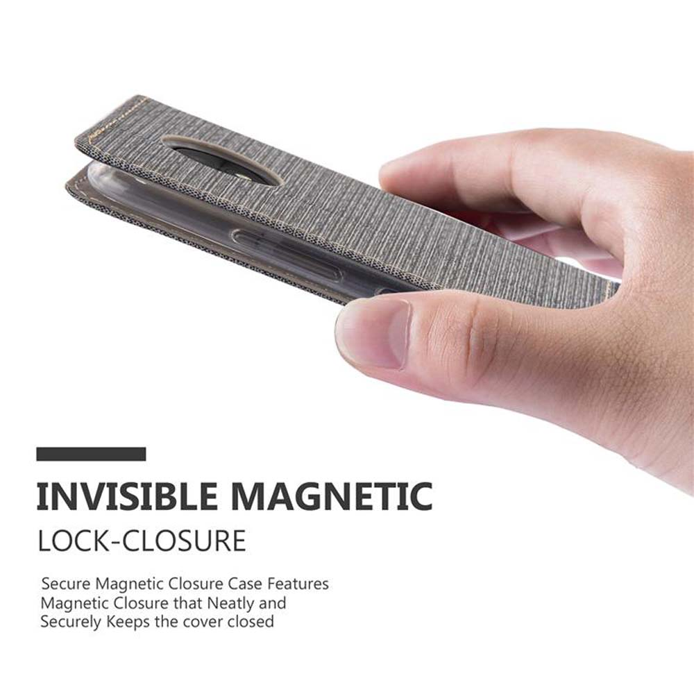 Una mano che tiene una custodia per telefono. Il testo dice 'Invisible Magnetic Lock-Closure' sulla funzione della custodia.