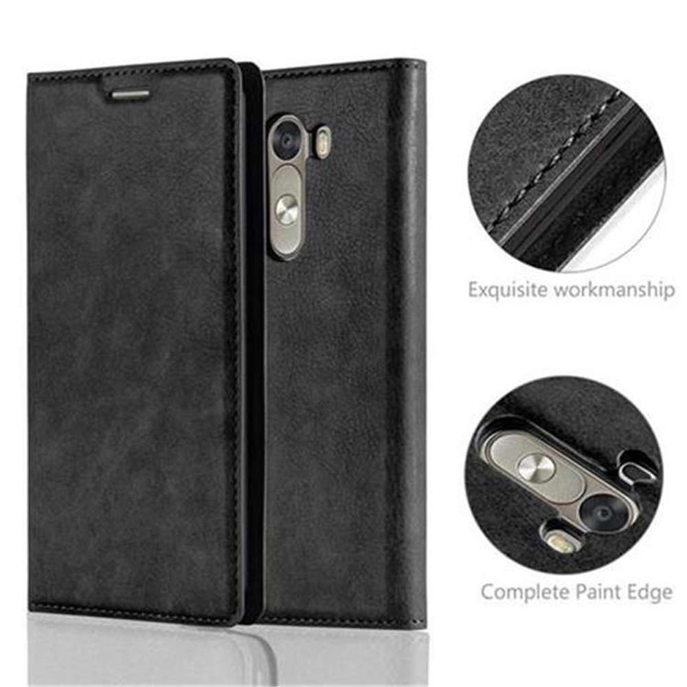 Funda de teléfono negra, abierta. La funda está alrededor de un teléfono con cámara visible. Se muestran detalles de las costuras.