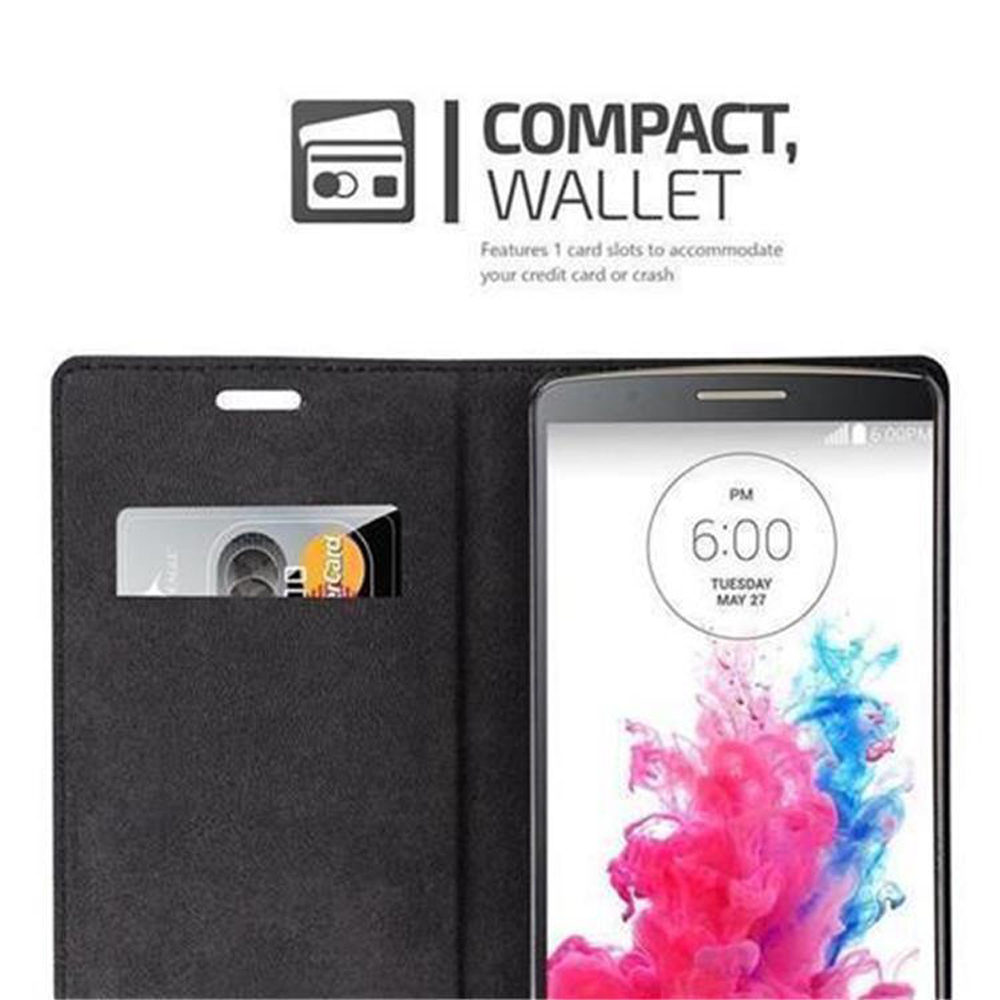Funda de teléfono negra abierta que muestra una ranura para tarjetas con una tarjeta y un teléfono con pantalla.