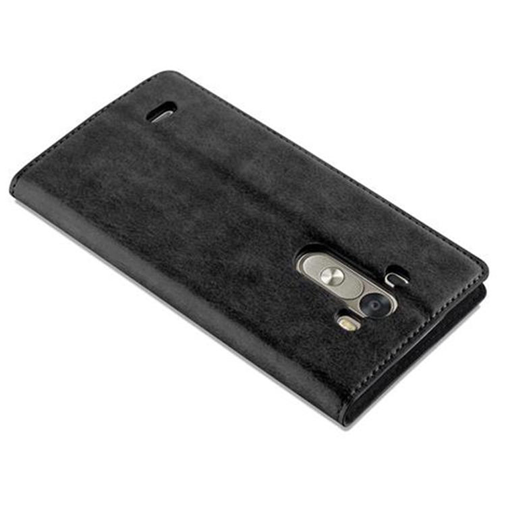 Funda de teléfono negra, cerrada. La lente de la cámara del teléfono es visible en la parte trasera.