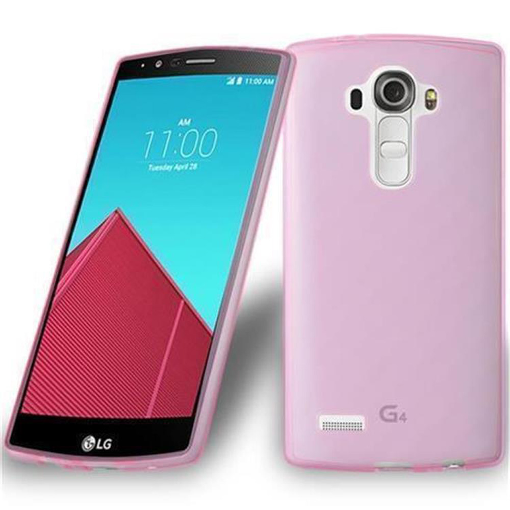 Dos teléfonos rosas, uno mostrando un reloj digital, el otro la parte trasera.