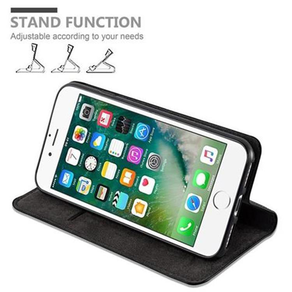 Ein Telefon in einer Brieftaschen-Hülle, geöffnet, um den Bildschirm des Telefons anzuzeigen, mit Standfunktion.