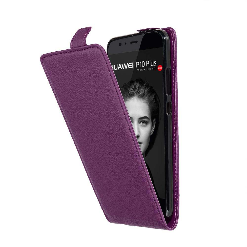 Custodia per telefono viola con coperchio aperto, che rivela uno schermo con un volto femminile. Sfondo bianco.