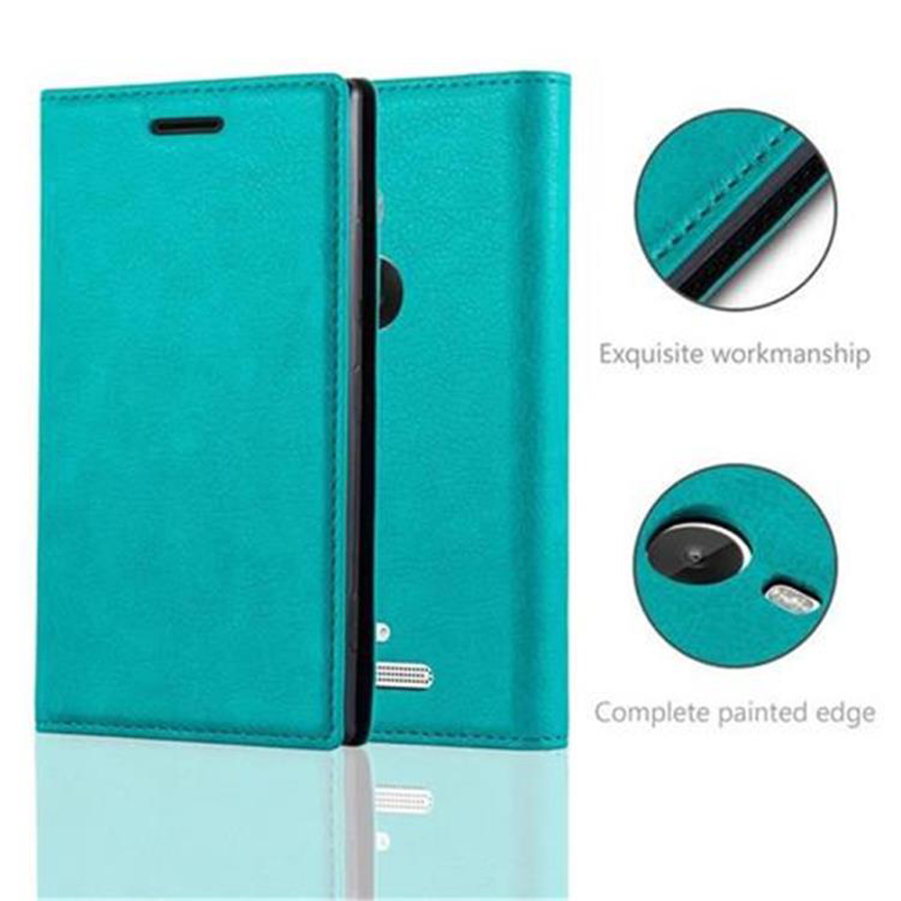 Custodia per telefono verde acqua, due parti aperte. Testo: Esecuzione squisita, bordo verniciato completo.