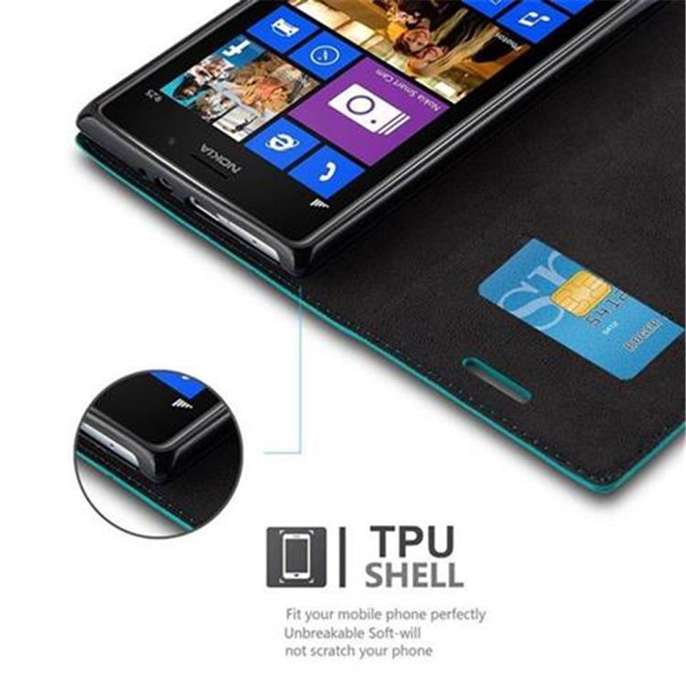 Telefono Nokia in una custodia a portafoglio. Una carta di credito è visibile. L'etichetta della scocca in TPU è in basso.