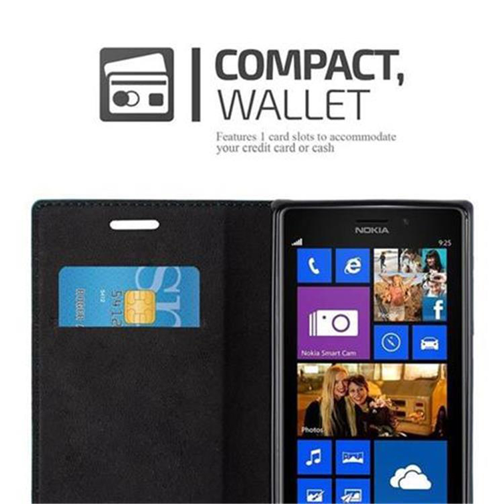 Telefono nero all'interno di una custodia a portafoglio aperta, che mostra lo schermo del telefono e lo slot per la carta di credito.