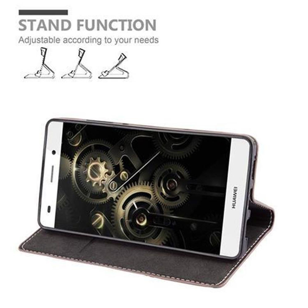 Un telefono in una custodia è aperto, mostrando ingranaggi sullo schermo. Viene mostrata anche la funzione stand.