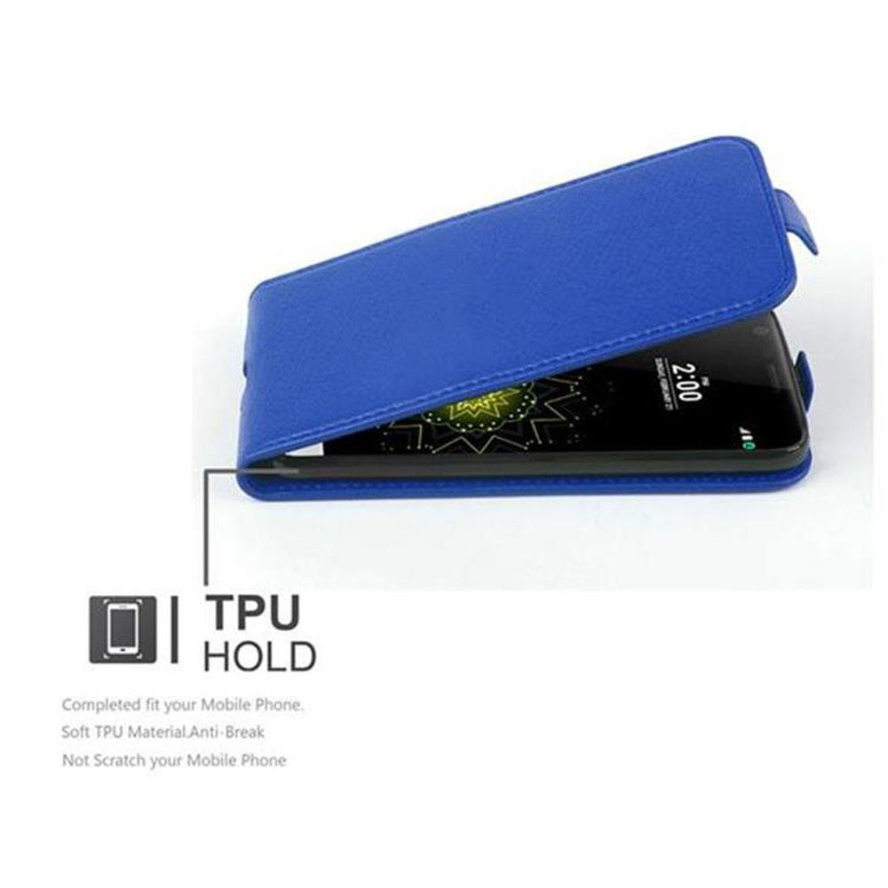Eine blaue Handyhülle offen mit einem Telefon darin. Zeigt die Uhrzeit 2:00 an.
