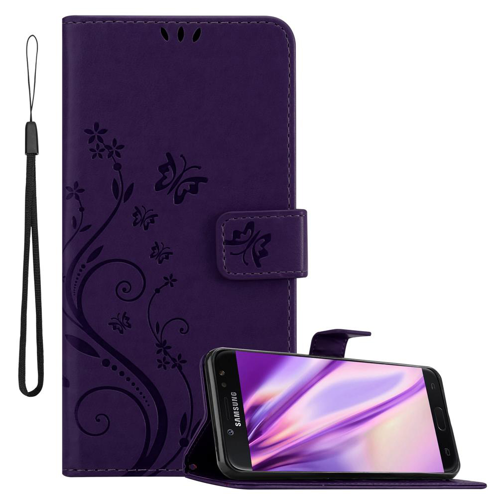 Custodia viola con telefono e cinturino.