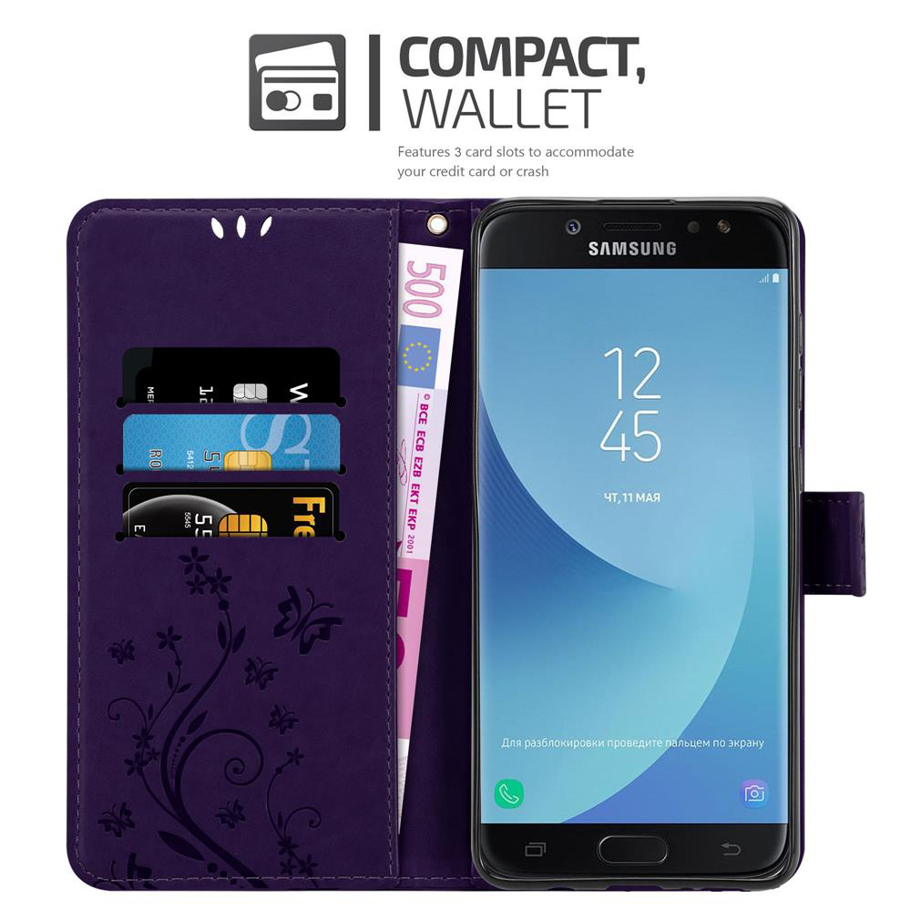 Custodia viola con telefono e carte. Banconota mostrata a sinistra.