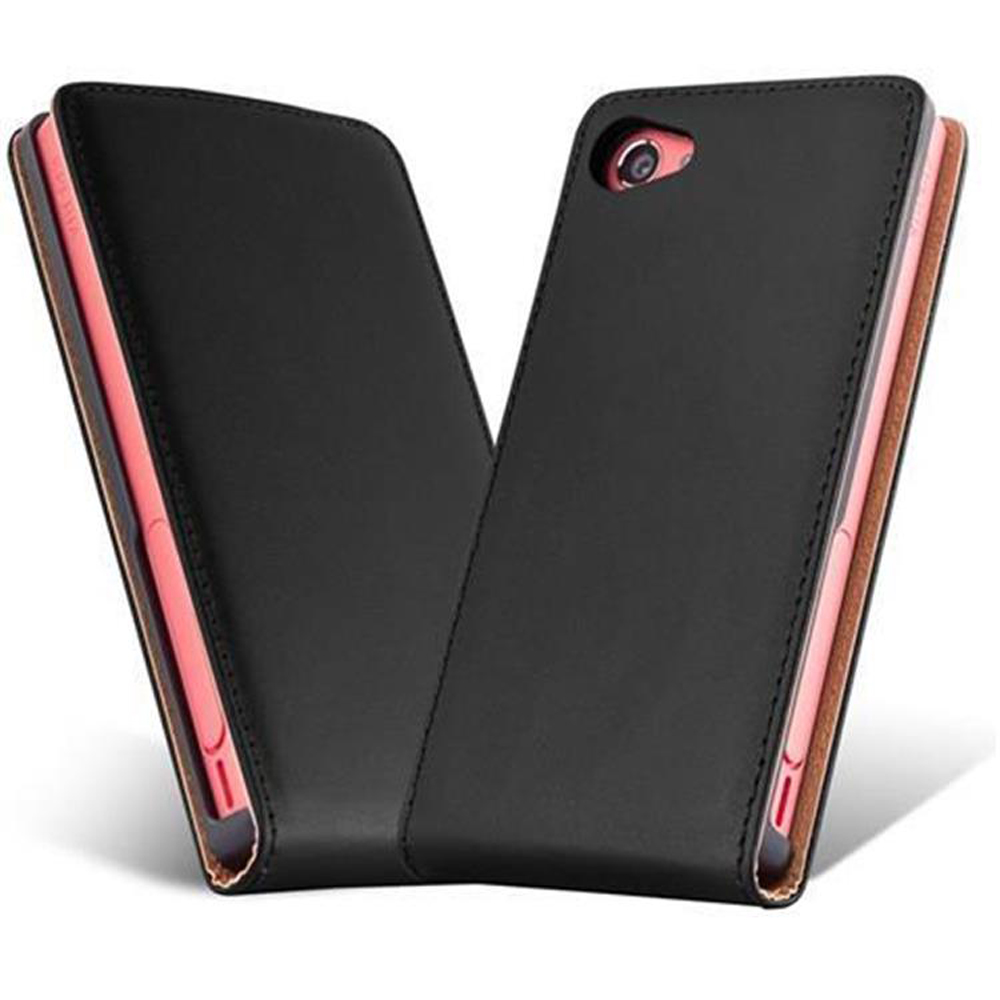 Zwei schwarze Handyhüllen, offen, zeigen rosa Telefon. Brauner Innenraum sichtbar. Nähdetails.