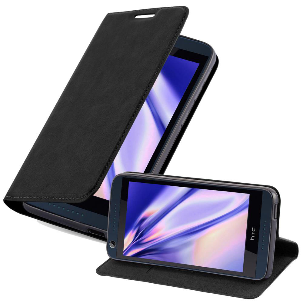 Ein Telefon in einer schwarzen Hülle, wobei die Hülle geöffnet und geschlossen ist. Der Bildschirm zeigt ein farbenfrohes Bild.