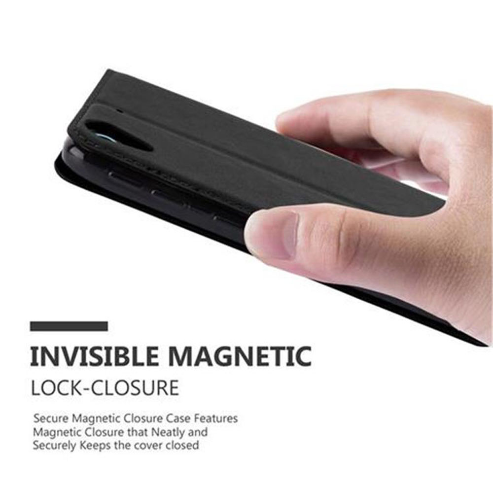 Eine schwarze Handyhülle mit Magnetverschluss. Text: Unsichtbarer Magnetverschluss.