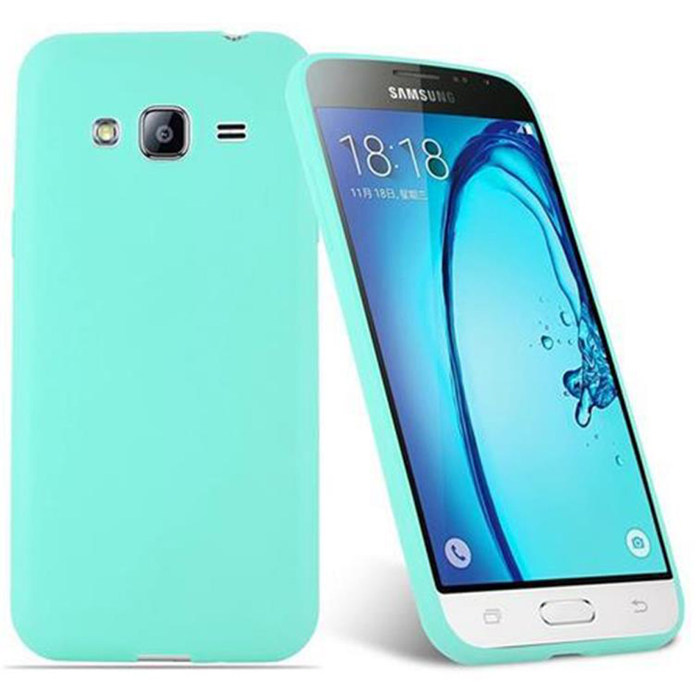 Custodia per telefono verde menta accanto a un telefono. Il telefono è a destra, con schermo blu.