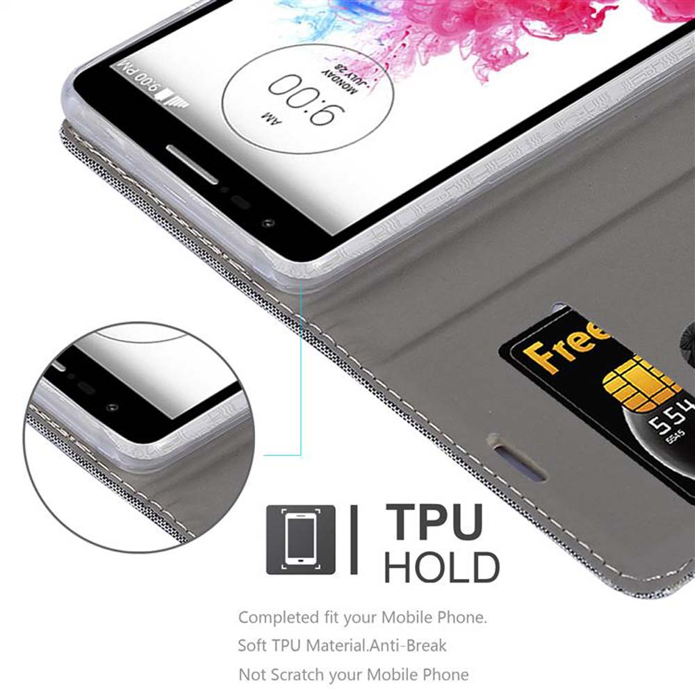 Teléfono en funda gris, pantalla muestra 9:00 AM. Una tarjeta es visible en la funda.