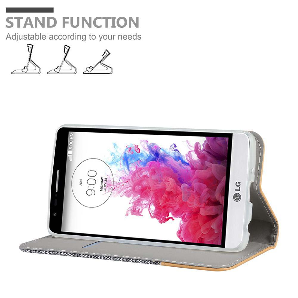 Un teléfono en una funda abierta. Muestra una imagen colorida. La funda tiene función de soporte.