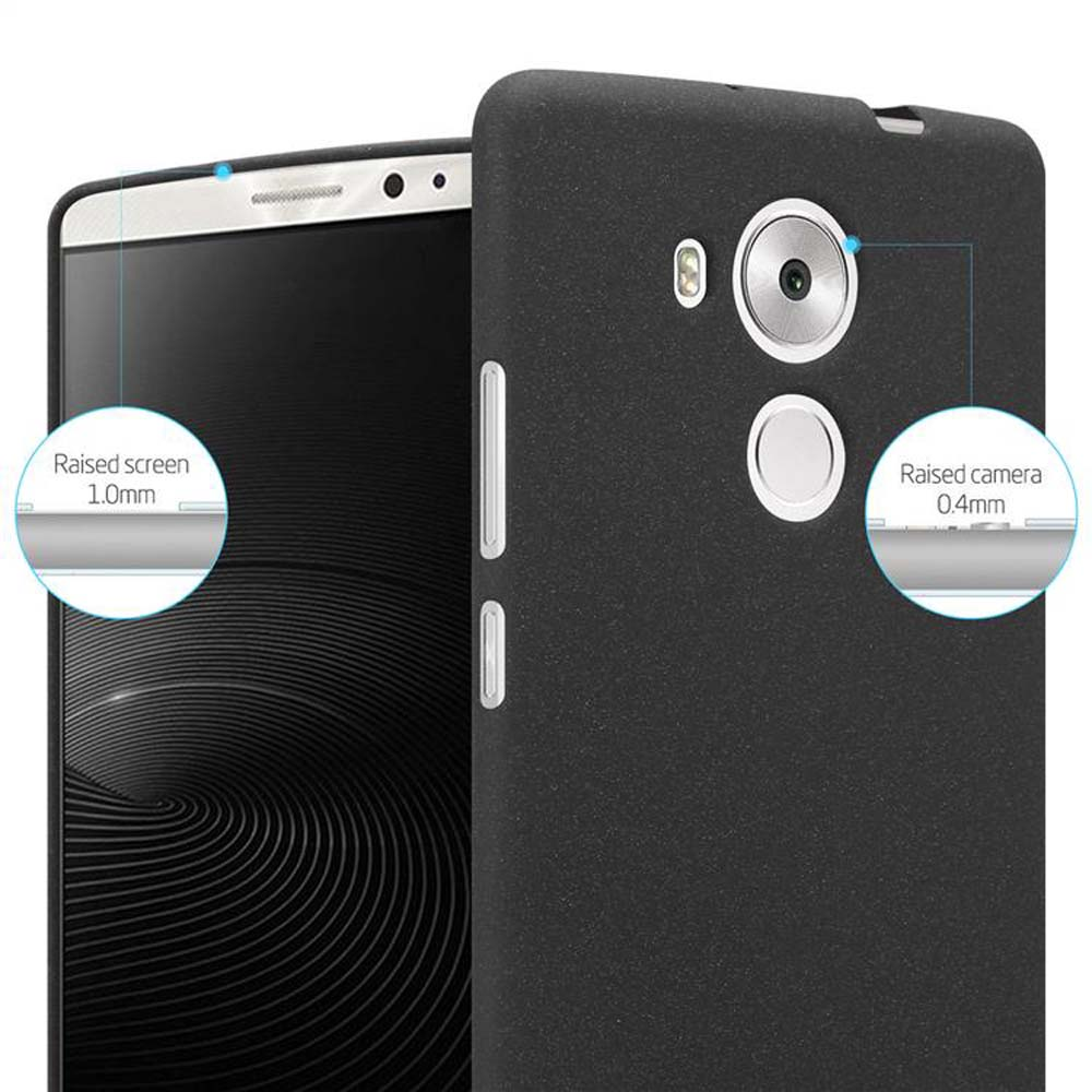 Telefono nero con custodia nera. Schermo e fotocamera rialzati. Annotazioni evidenziano gli elementi.