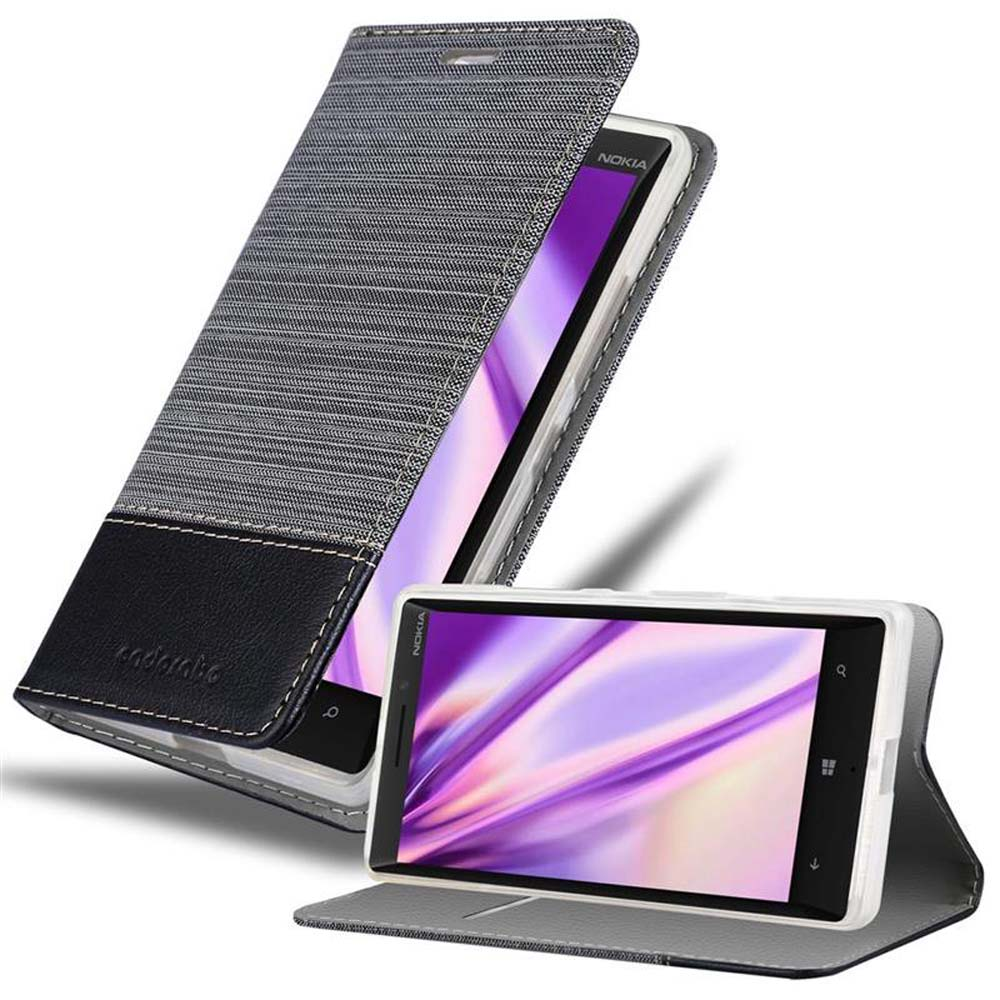 Étui de téléphone gris, ouvert, avec un téléphone à l'intérieur. Un téléphone repose dans un étui ouvert.