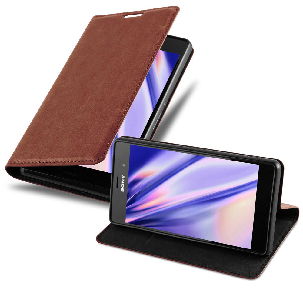 Funda de cuero marrón con tapa abierta, que revela un teléfono con pantalla.