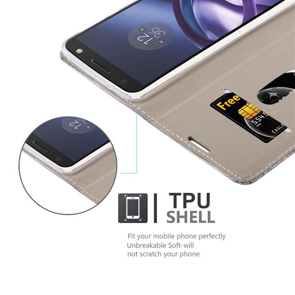 Telefono all'interno di una custodia, con slot per scheda SIM. La custodia ha uno slot per carta di credito. Testo: guscio in TPU.