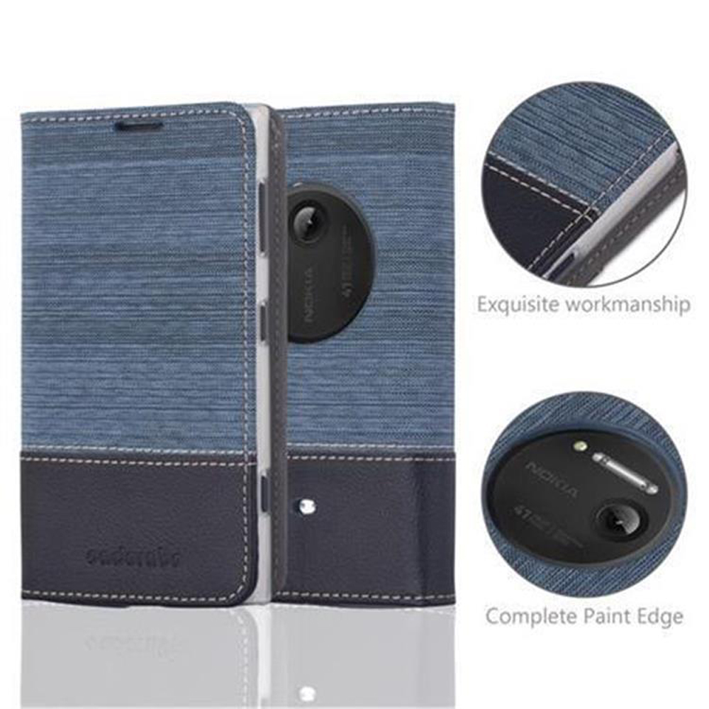 Custodia per telefono blu e grigia, con design strutturato e due inserti circolari.