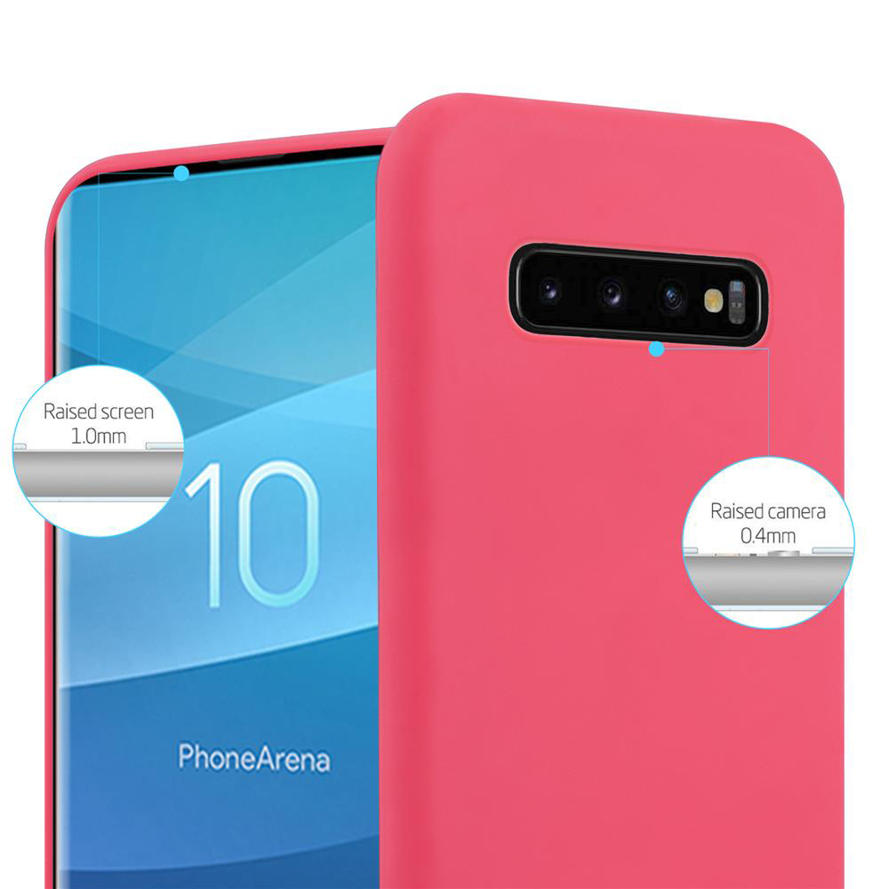 Rosa Handyhülle mit Telefon. Erhöhter Bildschirm und Kamera-Details. PhoneArena-Logo auf dem Bildschirm.