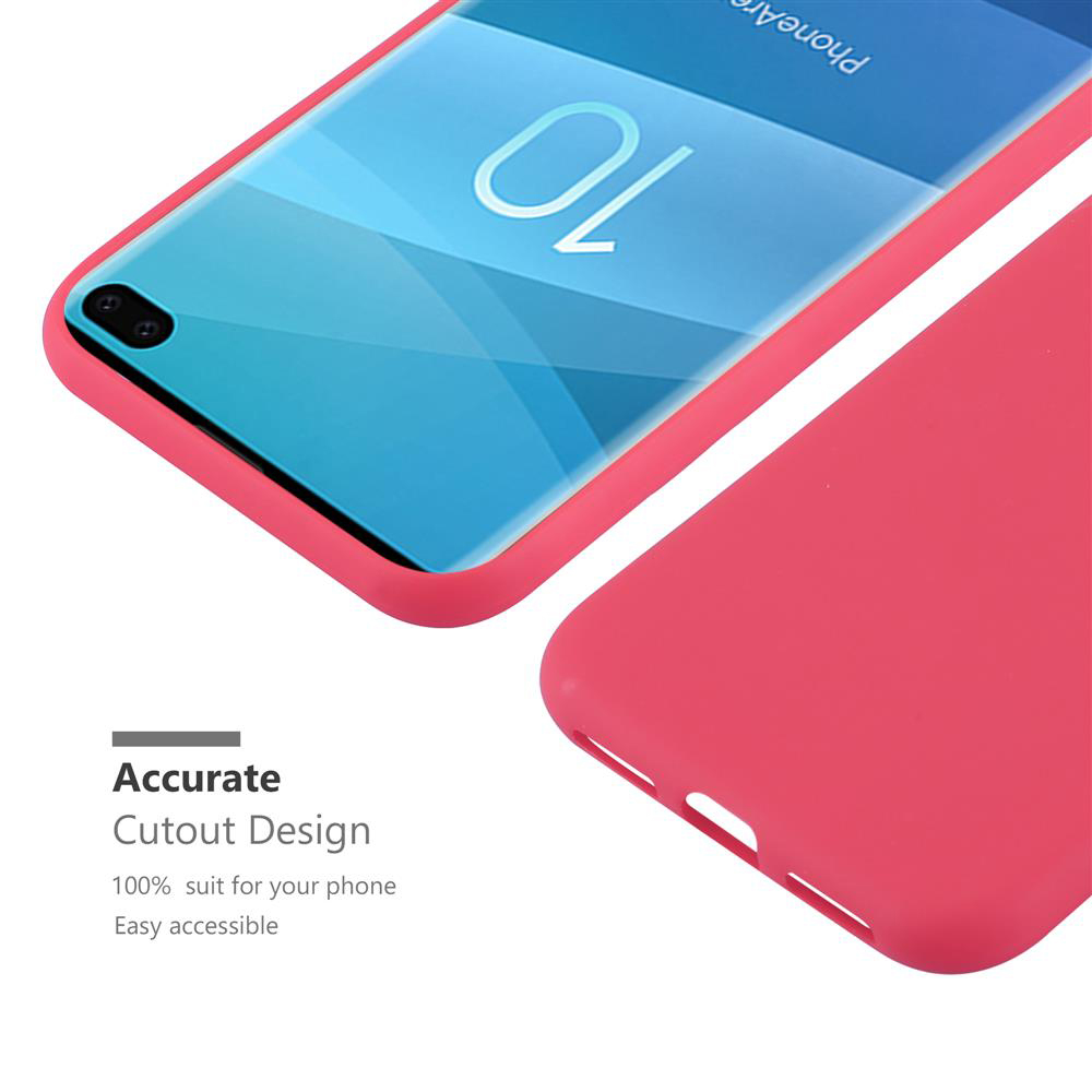 Korallenrote Handyhülle und ein Telefon. Der Text hebt das präzise Ausschnittdesign hervor.