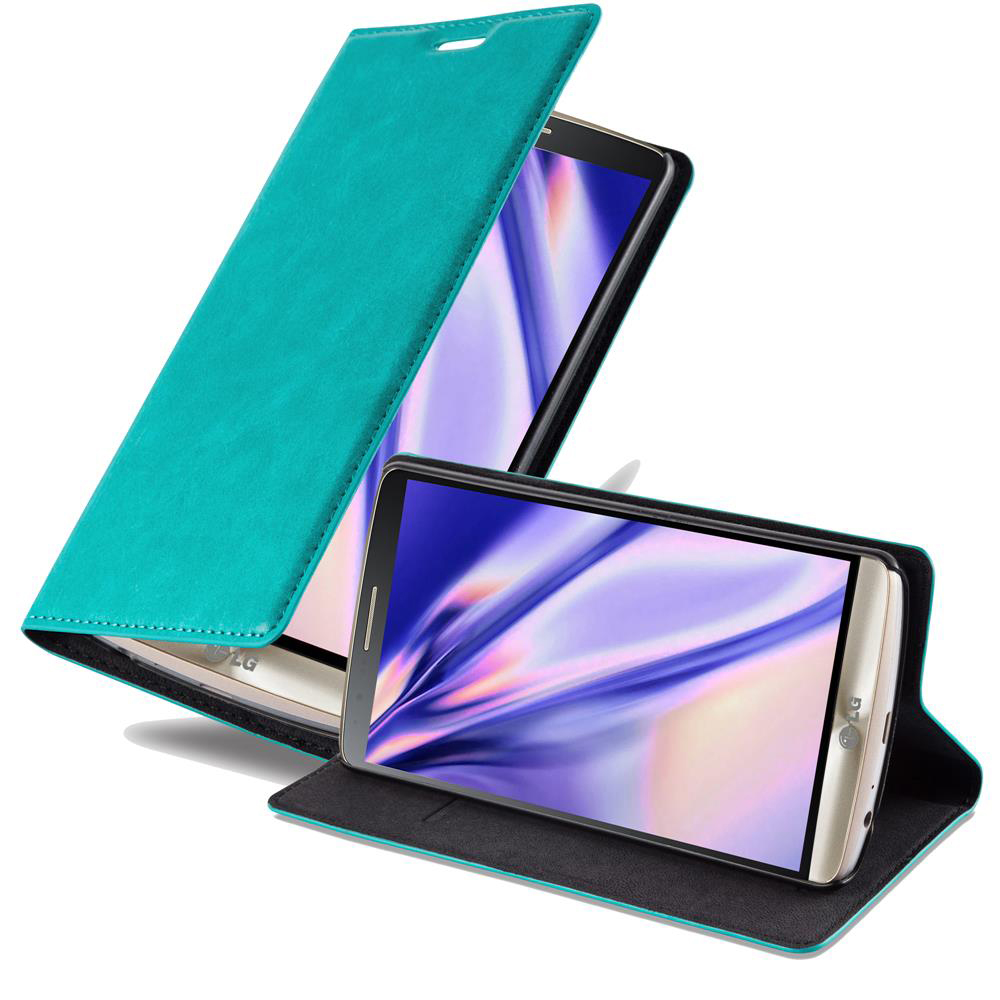 Funda de teléfono verde azulado con un teléfono dentro. El teléfono tiene una pantalla con iconos.