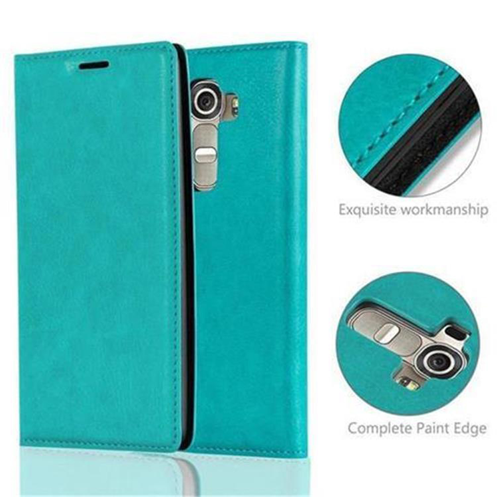 Una funda de teléfono verde azulado con un teléfono dentro. Se muestran detalles de la mano de obra.