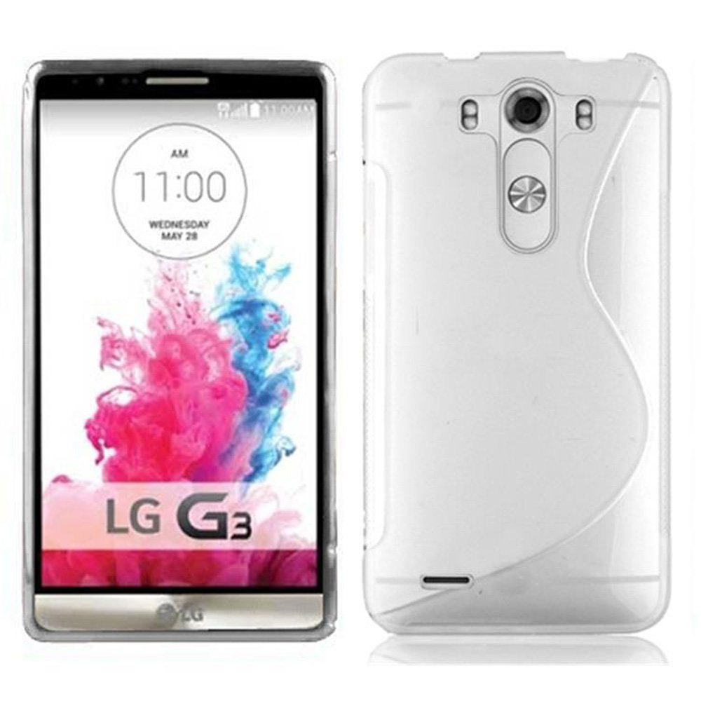 Teléfono y funda blancos. El teléfono muestra la hora. La funda es blanca, la parte trasera es visible. Teléfono muestra el logotipo de LG.