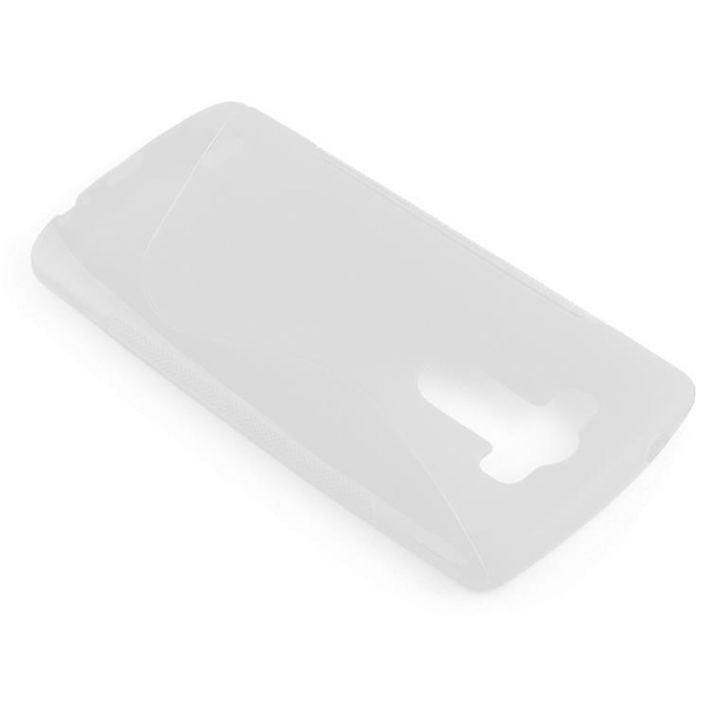 Funda de teléfono blanca. La funda es transparente y de color claro. Vista en ángulo.