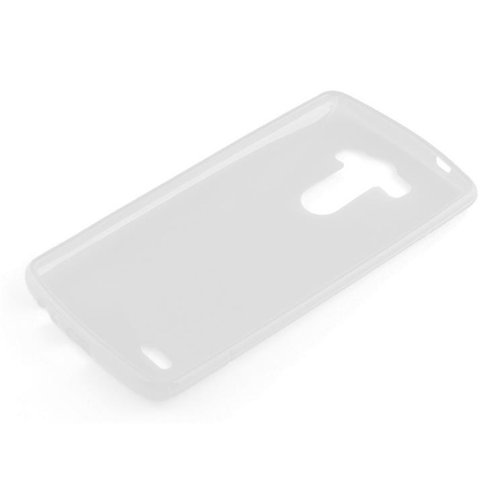 Una funda blanca para teléfono con un recorte para una cámara. La funda está en ángulo.