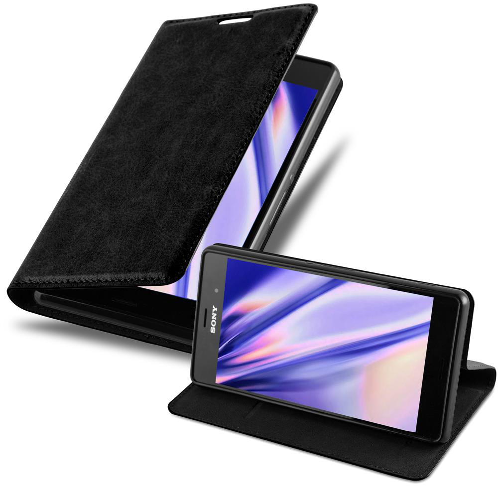 Teléfono negro en funda negra abierta. Otro teléfono está en una funda abierta en la parte inferior. Pantalla morada.