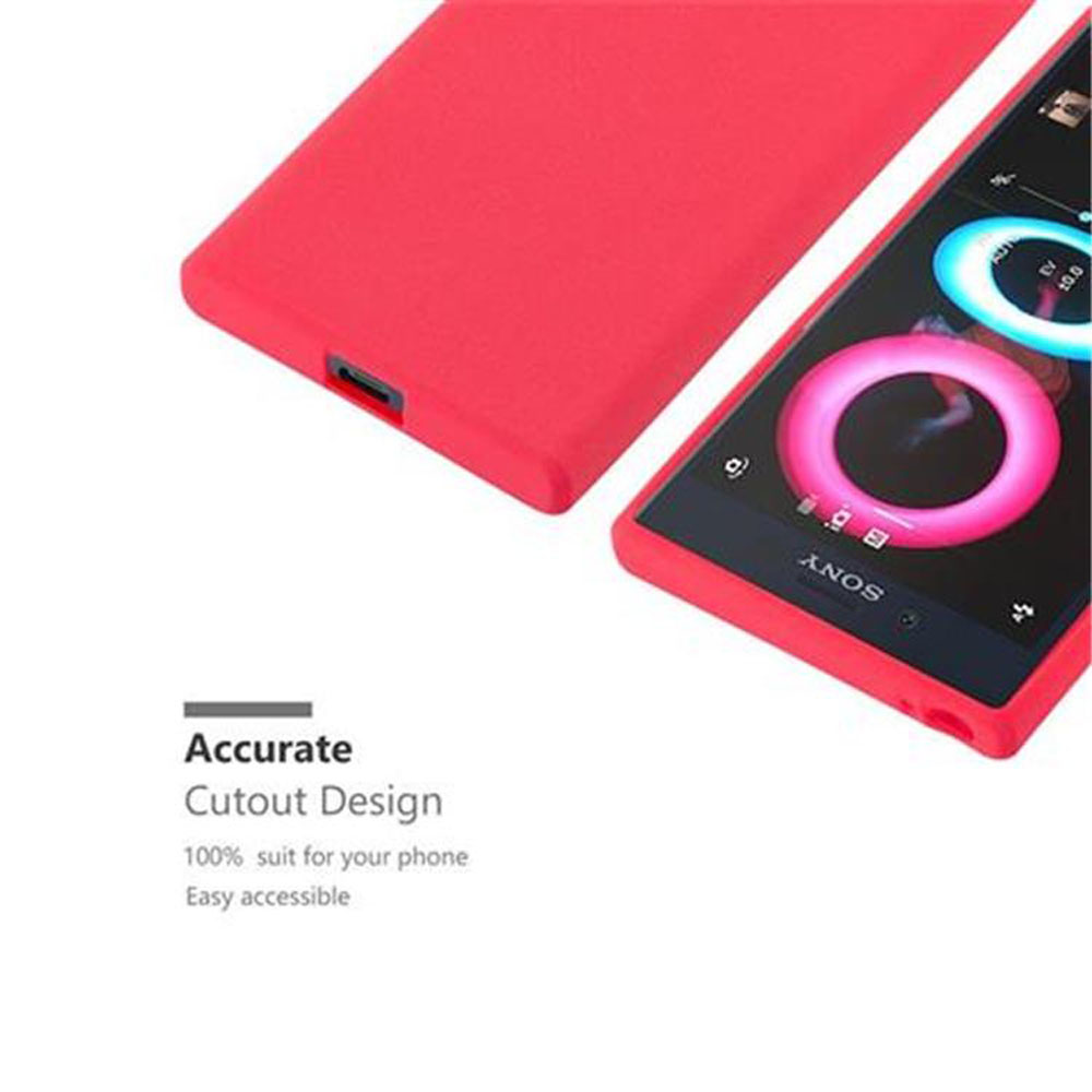 Una custodia rossa accanto a un telefono con schermo rosso e un'immagine.