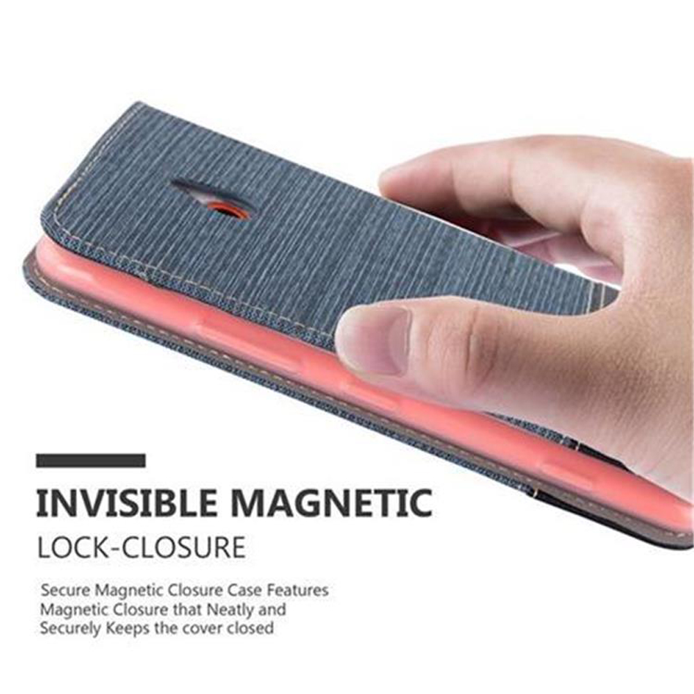 Téléphone dans un étui avec fermeture magnétique. Texte : Fermeture magnétique invisible.