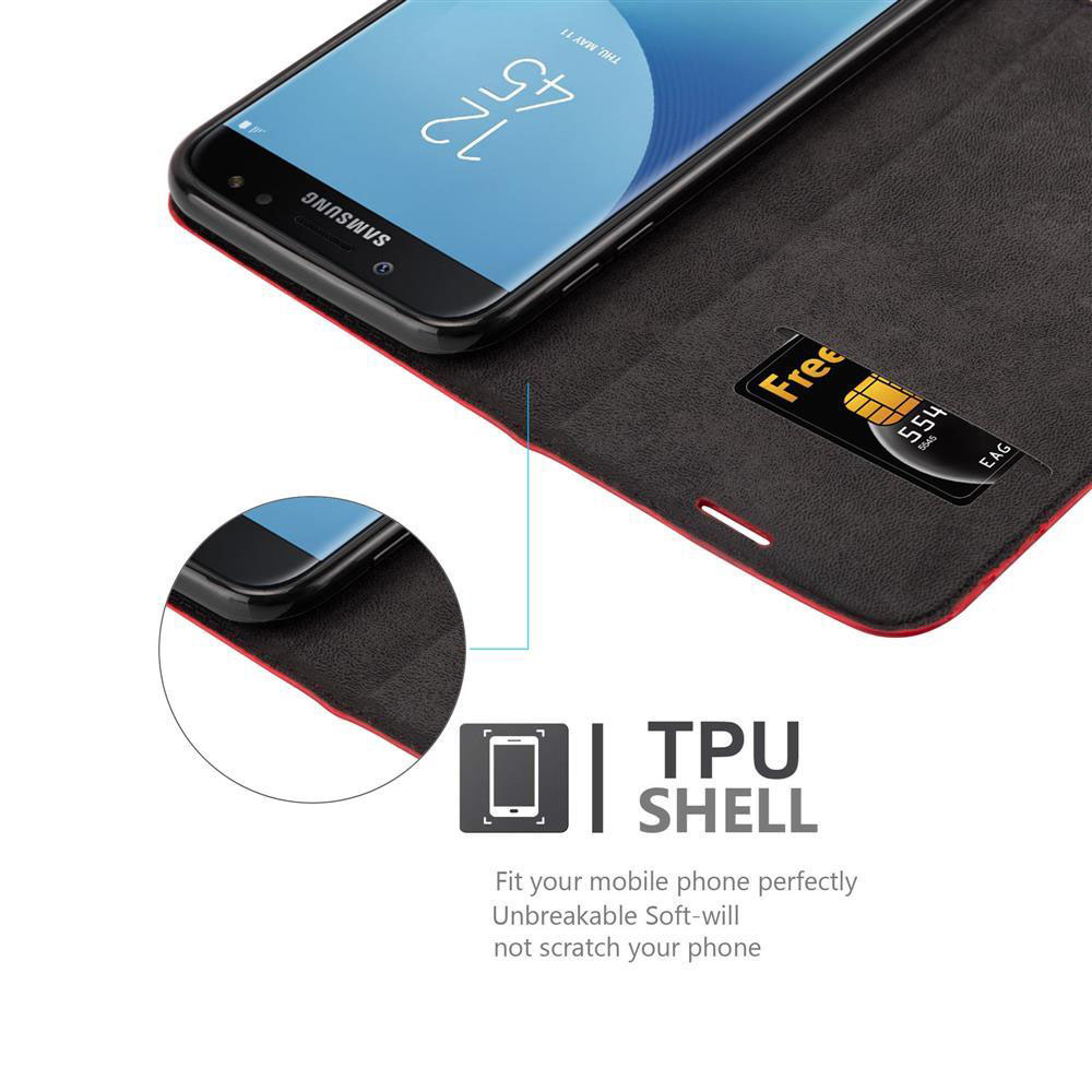 Telefon in rotem Gehäuse. Kreditkarte sichtbar. Text: TPU SHELL. Telefonbildschirm sichtbar.