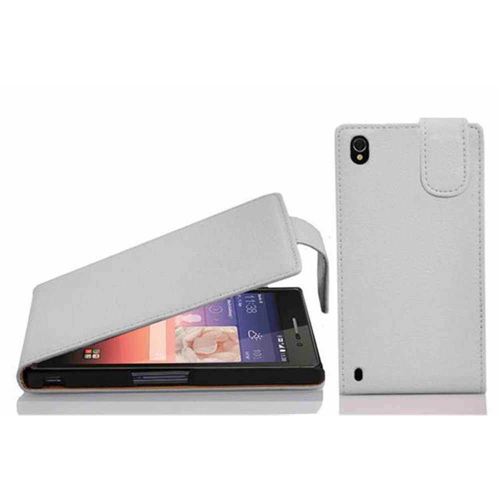 Funda de teléfono blanca abierta. El teléfono muestra la hora y el clima. Teléfono negro con cuero marrón.