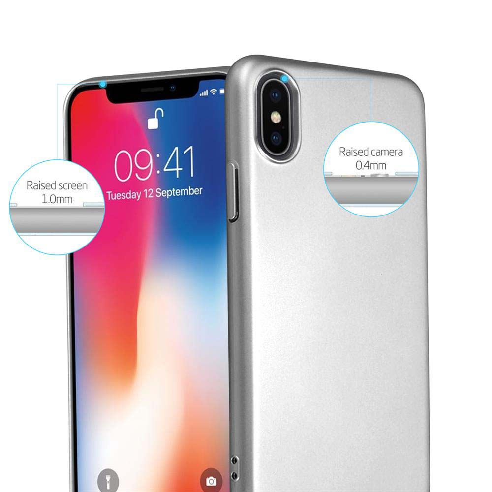 Silbernes Telefon mit Bildschirm, der die Uhrzeit anzeigt, und eine silberne Schutzhülle.