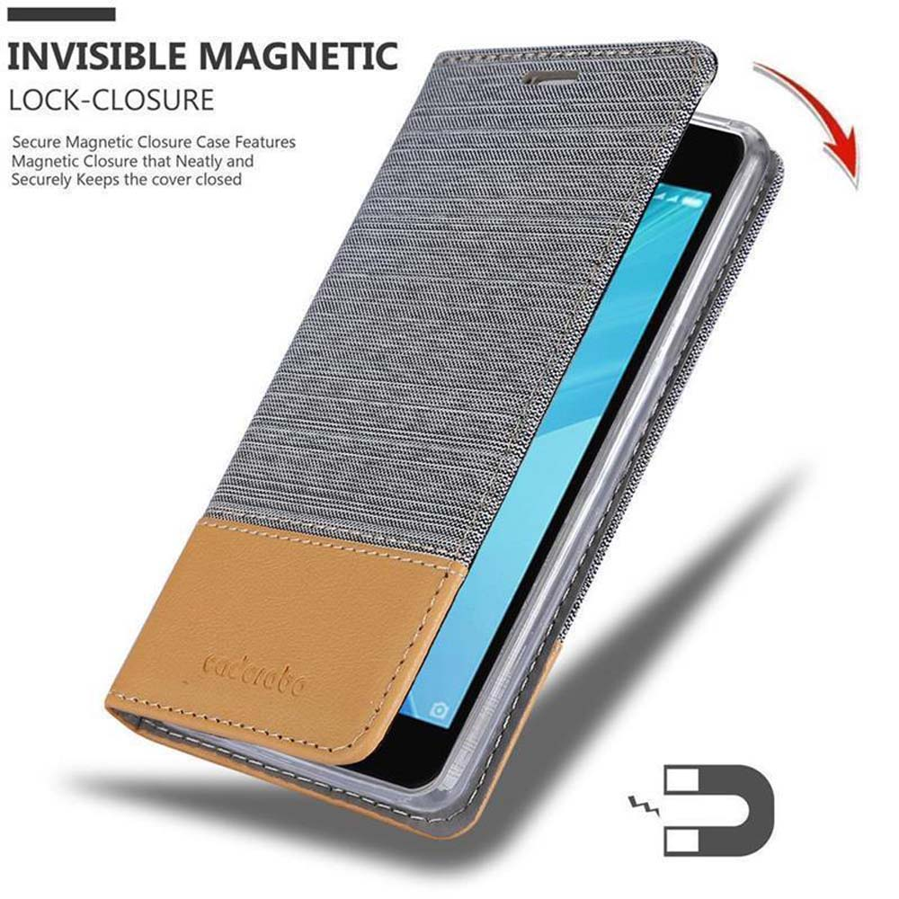 Eine Handyhülle mit einem Telefon darin, teilweise geöffnet. Die Hülle ist grau und braun mit Magnetverschluss.