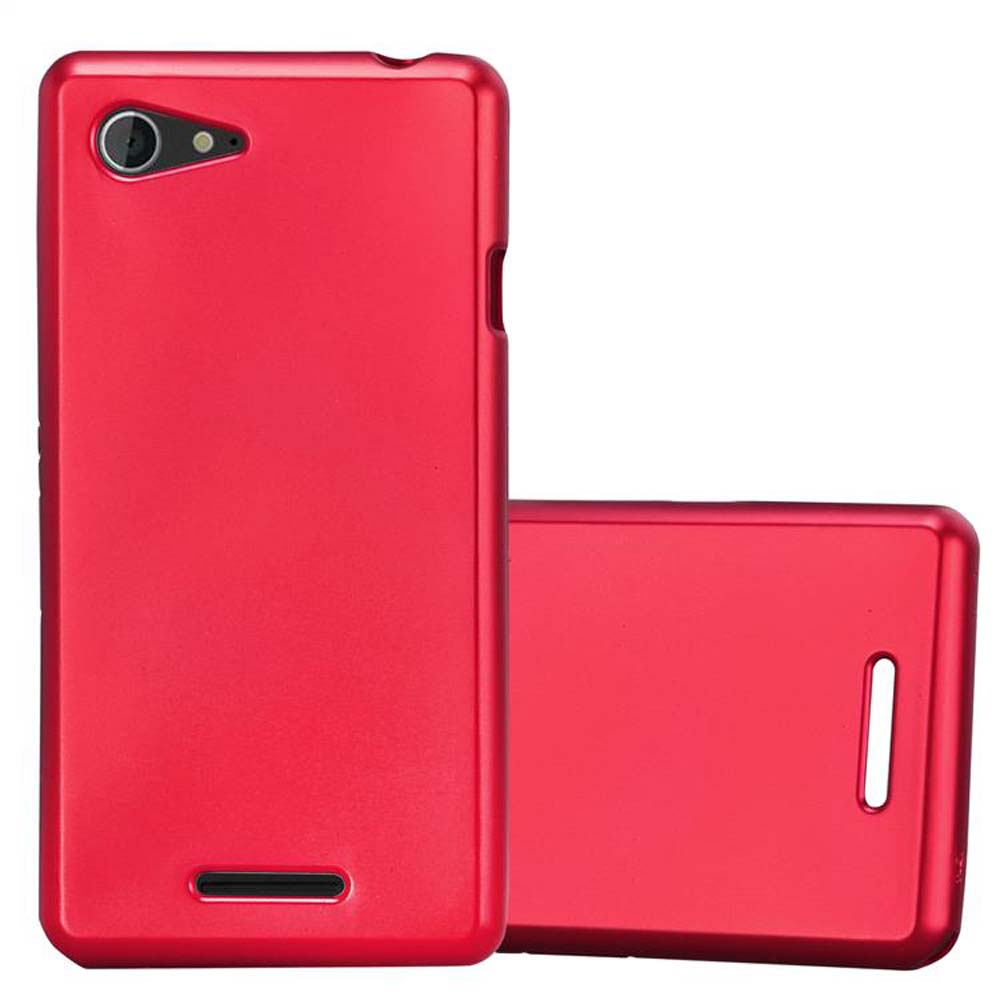 Dos fundas rojas para teléfono, una de pie, otra tumbada. Ambas tienen una lente de cámara.
